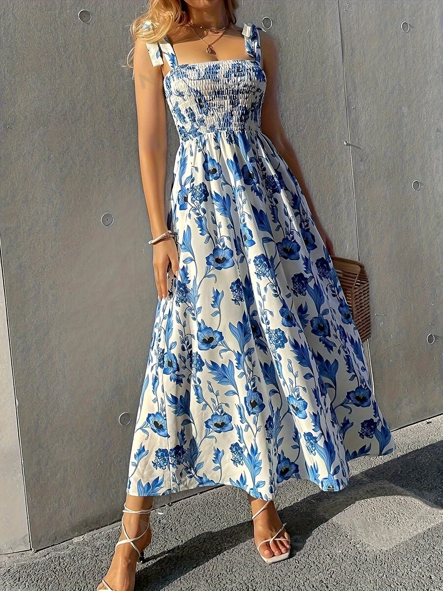 floral smocked tie waist midi dress Floral Smocked Midi Dress with Tie Shoulders – Sois Inspire