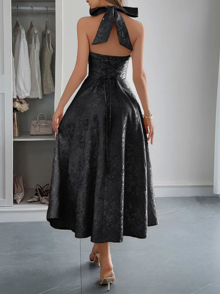 Length Halter Dress For Wedding Guest Halter A-Line Lace Up Black Sleeveless Wedding Guest Dress, Black XL Length Halter Dress For Wedding Guest Halter A-Line Lace Up Black Sleeveless Wedding Guest Dress, Black XL