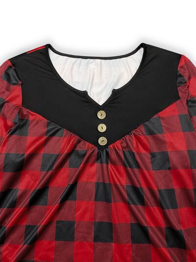 Plus Size Plaid Notched Buttoned Long Sleeve T-Shirt