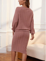 Ribbed Buttoned Round Neck Top and Skirt Set