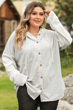 Plus Size Button Up Drawstring Long Sleeve Hoodie