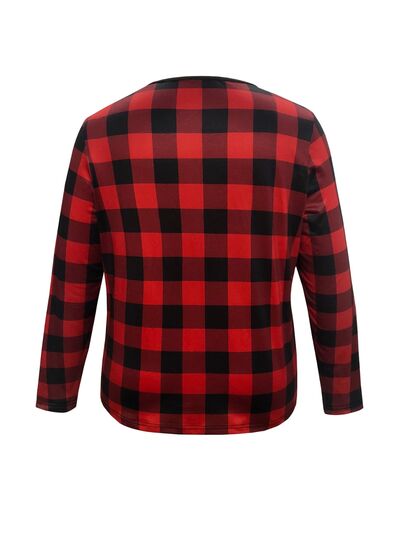 Plus Size Plaid Notched Buttoned Long Sleeve T-Shirt