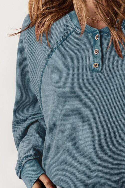 Half Button Round Neck Long Sleeve Sweatshirt