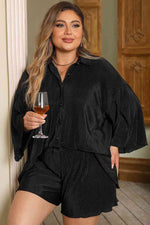 Plus Size Collared Neck Button Up Top and Shorts Set