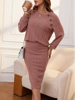 Ribbed Buttoned Round Neck Top and Skirt Set