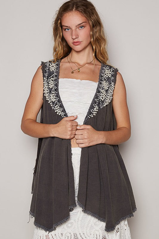 POL Embroidered Pearls Open Front Sleeveless Cardigan