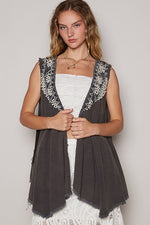 POL Embroidered Pearls Open Front Sleeveless Cardigan