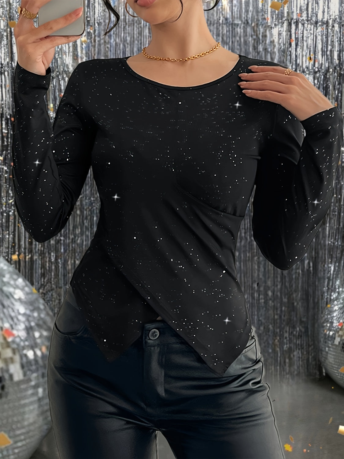 Glitter Round Neck Long Sleeve T-Shirt