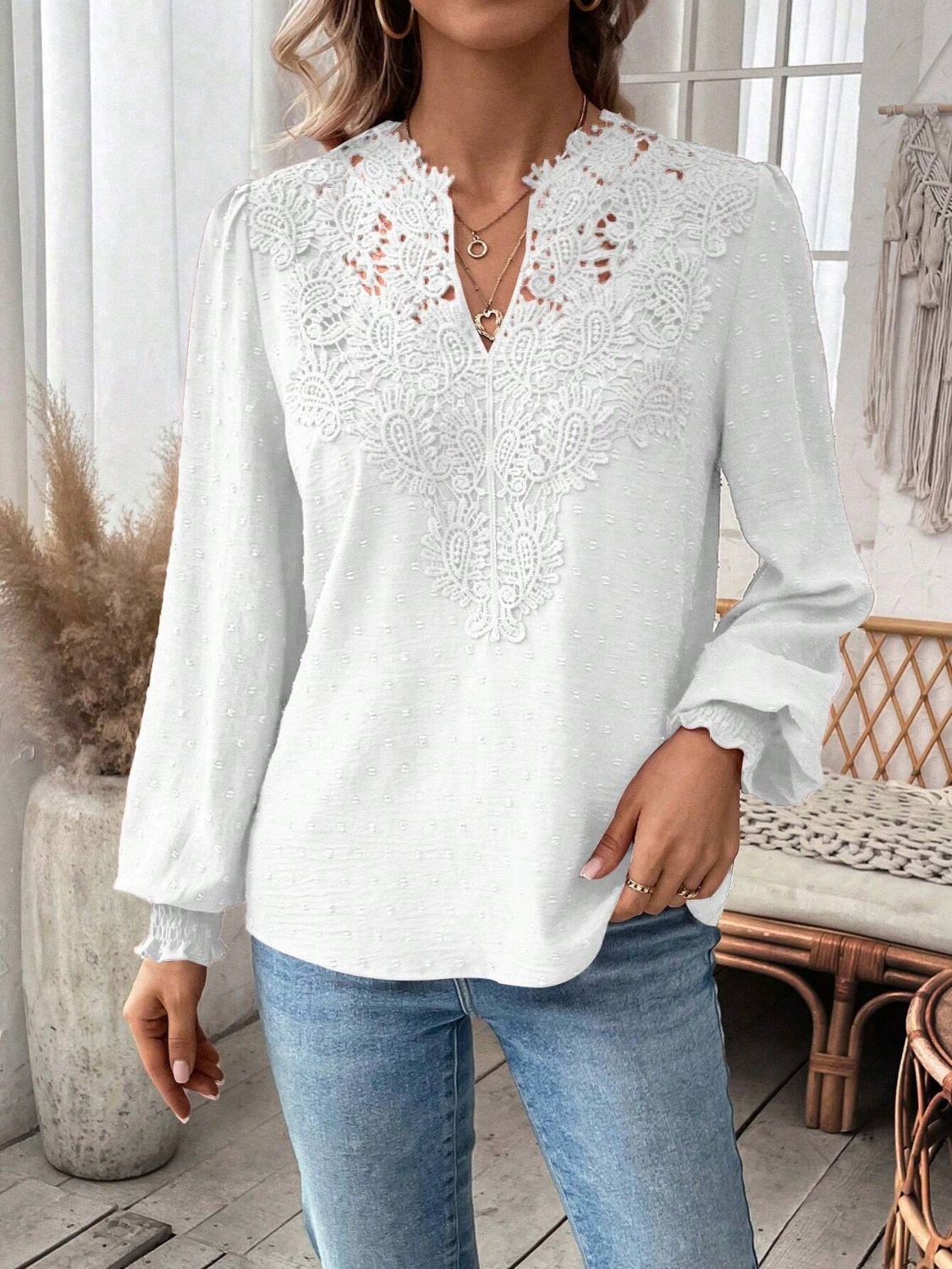 Swiss Dot Lace Detail Notched Long Sleeve Blouse