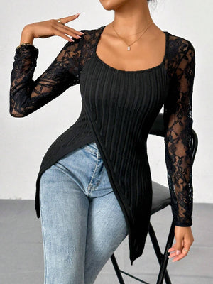 Square Neck Lace Patchwork Long Sleeve T-Shirt