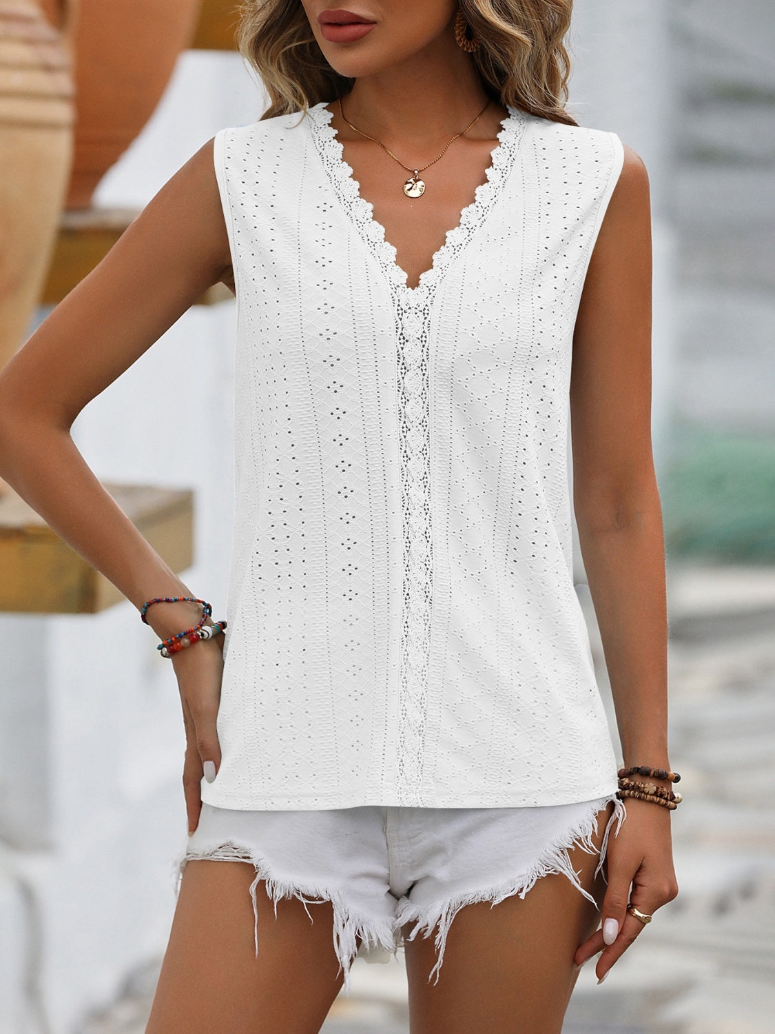 Mandy Lace Detail Eyelet V-Neck Tank