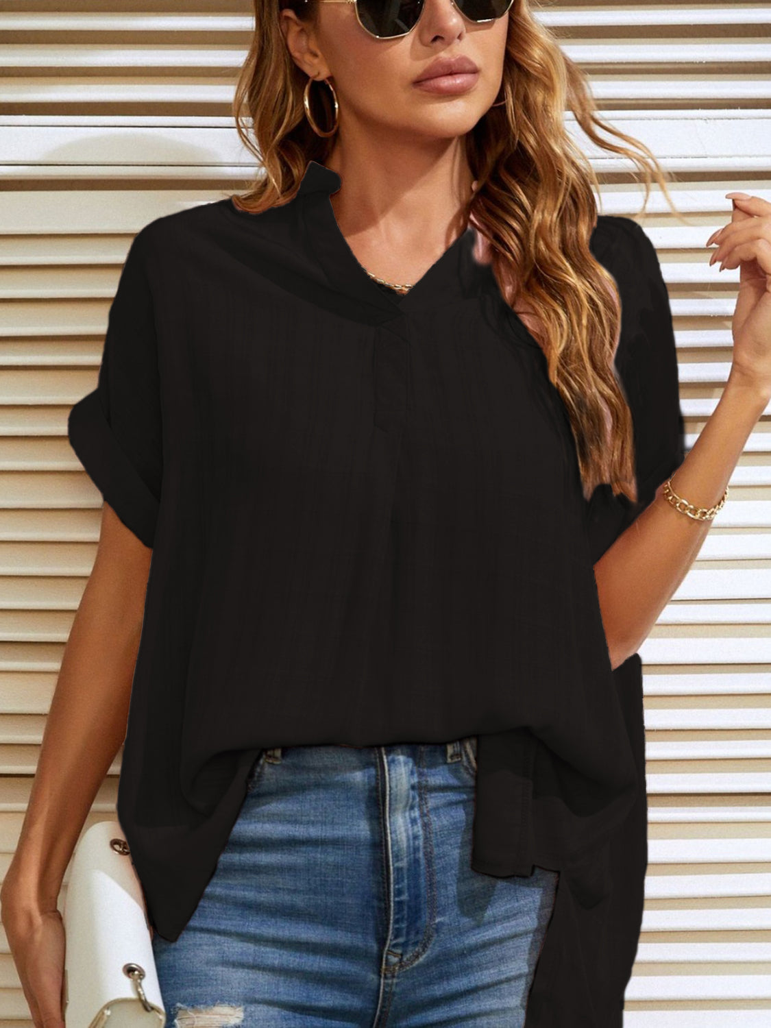 Mandy Side Slit Notched Short Sleeve Blouse