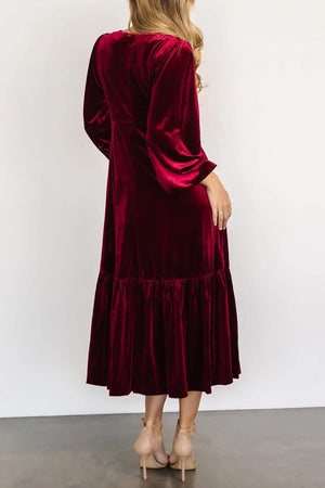 V-Neck Long Sleeve Midi Velvet Dress