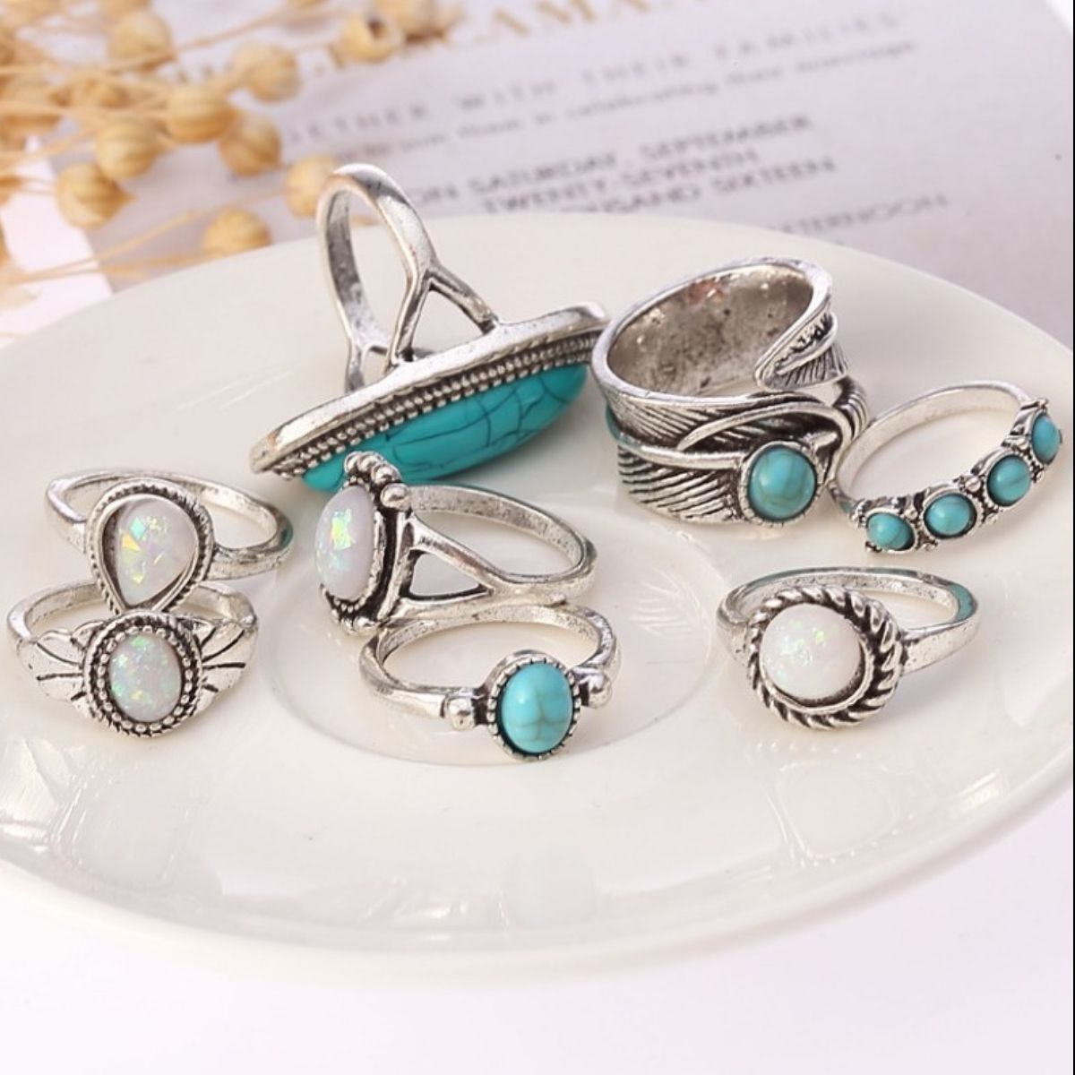 Alloy Turquoise 8-Piece Ring Set