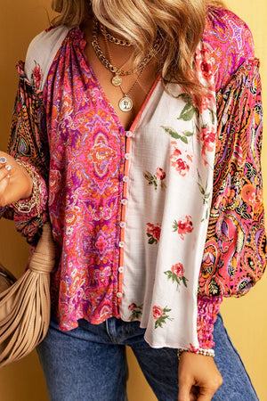 Frill Floral Shirred Cuff Long Sleeve Blouse