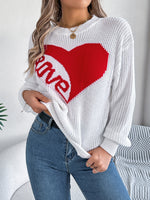 LOVE Heart Round Neck Dropped Shoulder Sweater