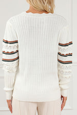 Striped Hollow Out Round Neck Long Sleeve Sweater