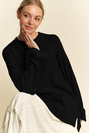 Davi & Dani High-Low Round Neck Drop Shoulder Sweater