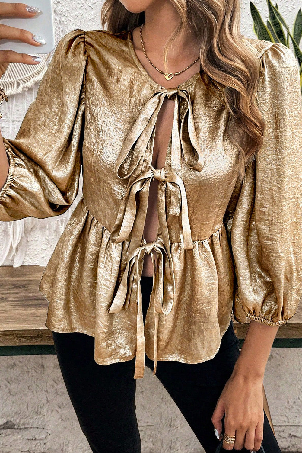 Tied Peplum Three-Quarter Sleeve Blouse