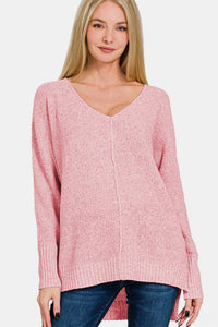 Zenana High-Low Center Seam V-Neck Sweater