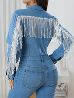 Fringe Half Button Long Sleeve Denim Jumpsuit