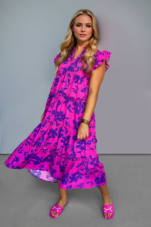 Oh Full Size Ruffled Printed Notched Cap Sleeve Midi Dress