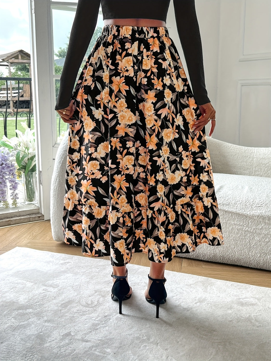 Floral Elastic Waist Midi Skirt