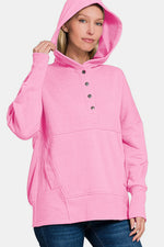 Zenana Half Snap Long Sleeve Hoodie with Kangaroo Pocket