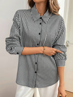 Cutout Bow Back Striped Collared Neck Long Sleeve Shirt