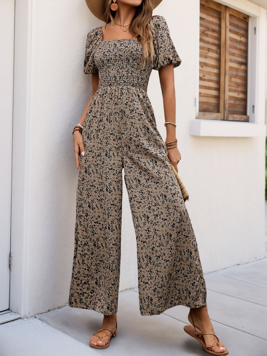 Perfee Smocked Printed Square Neck Puff Sleeve Jumpsuit