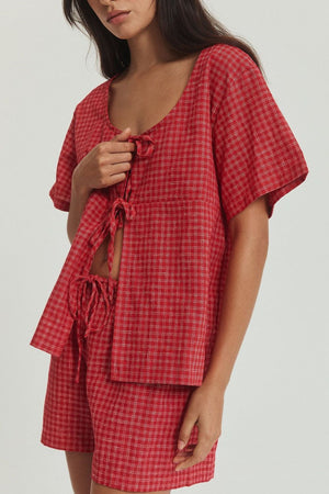 Plaid Tied Scoop Neck Short Sleeve Top and Drawstring Shorts Set