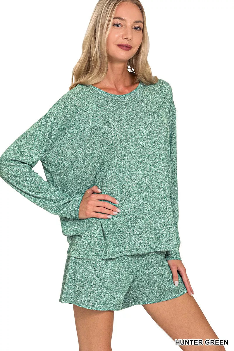 Zenana Soft Melange Long Sleeve Tee and Shorts Set