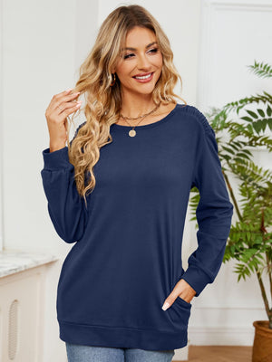 Ruched Shoulder Round Neck Long Sleeve Sweatshirt