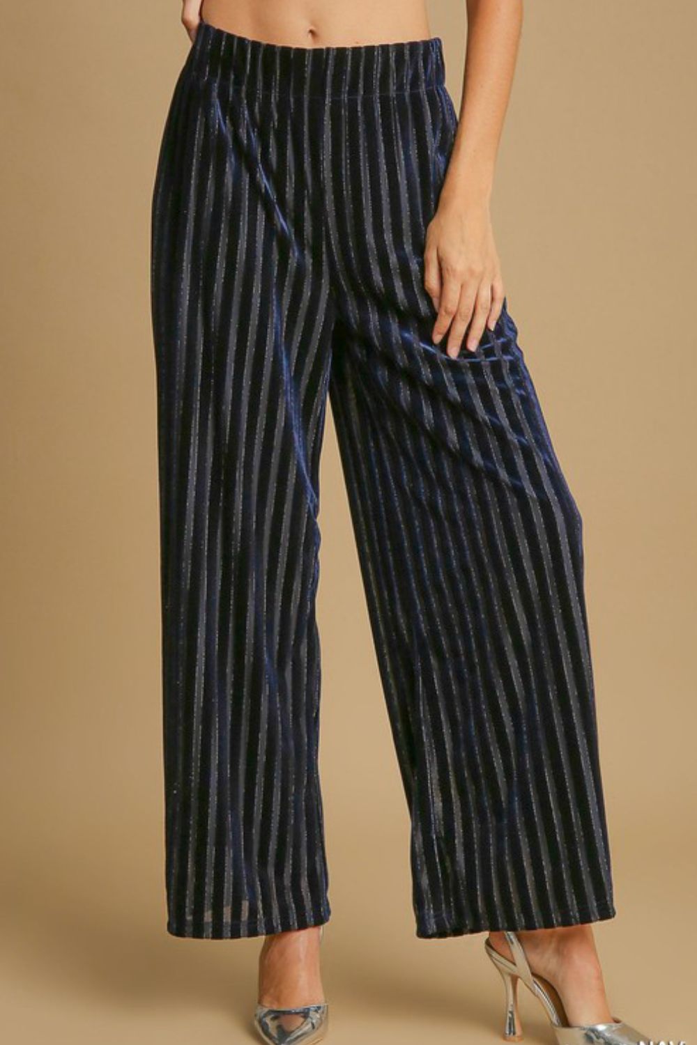 Umgee Full Size Elastic Waist Striped Wide Leg Velvet Pants