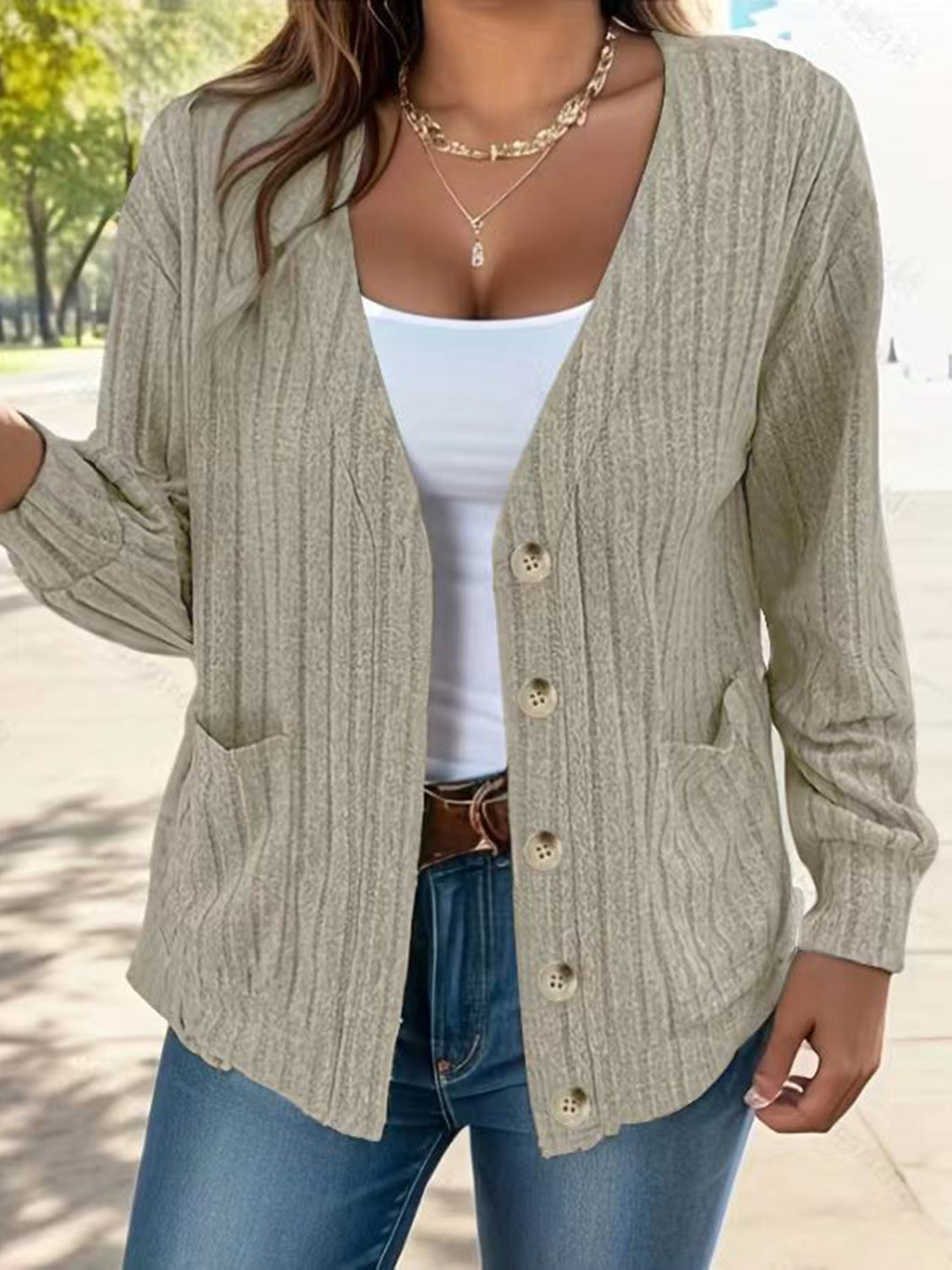 Full Size Button Up V-Neck Long Sleeve Cardigan