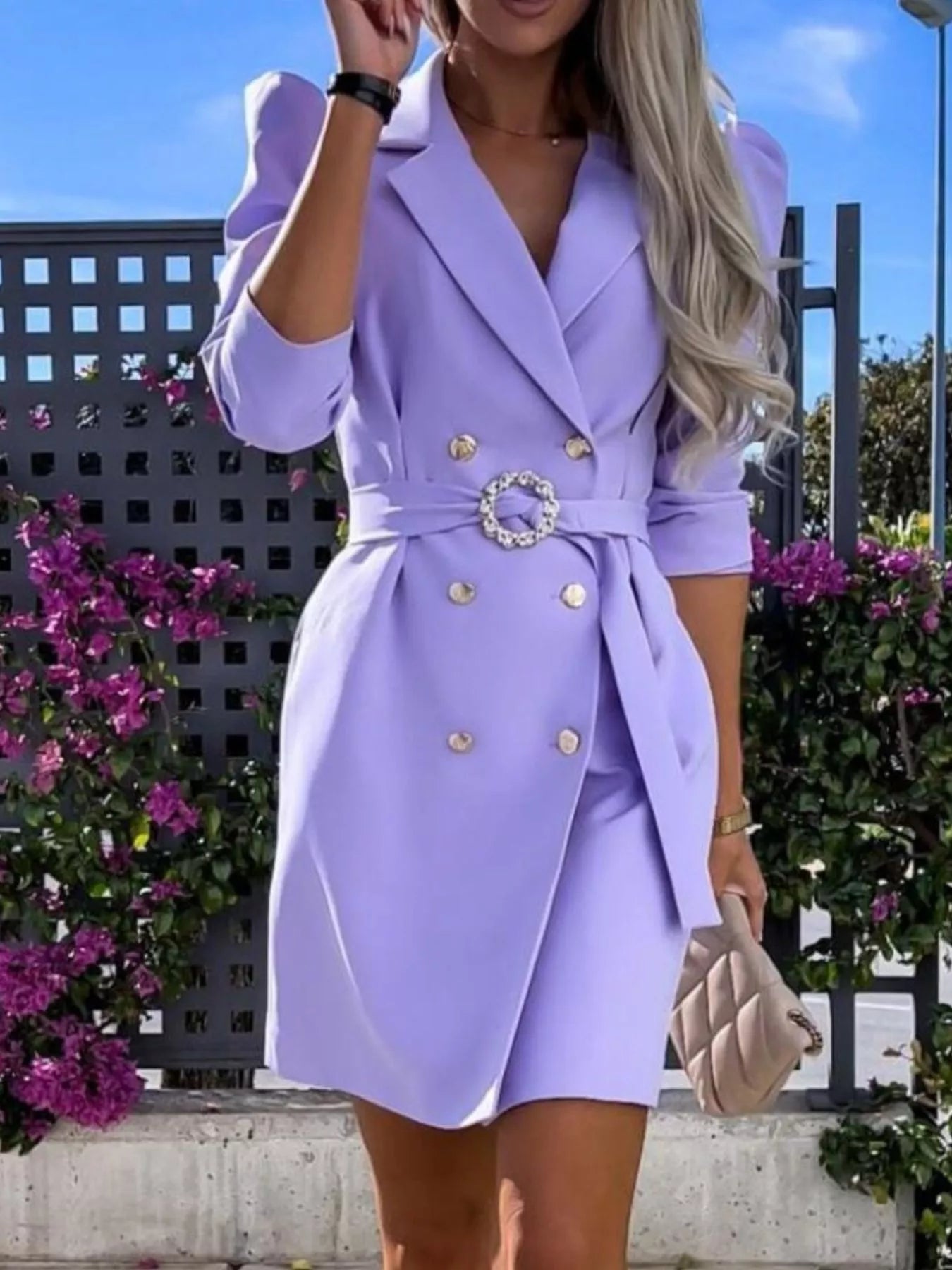purple belted blazer dress Wine Pinstripe Belted Blazer Dress