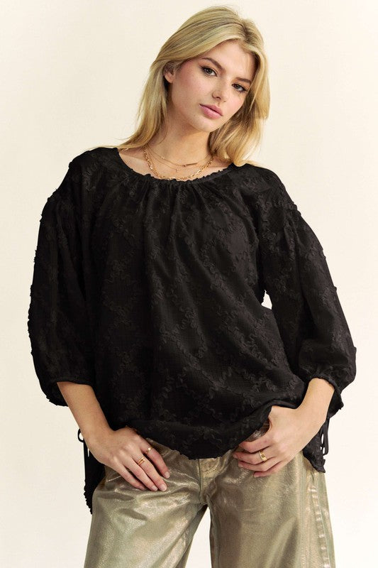 Davi & Dani Tied Round Neck Mesh Blouse