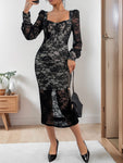 Perfee Lace Sweetheart Neck Long Sleeve Midi Dress