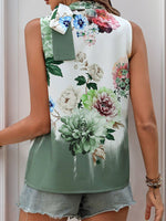 Tied Flower Printed Mock Neck Top