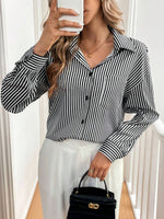 Cutout Bow Back Striped Collared Neck Long Sleeve Shirt