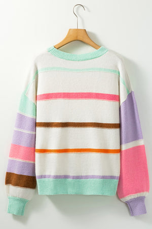 Contrast Striped Round Neck Drop Shoulder Sweater