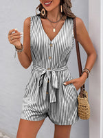 Perfee Striped V-Neck Tie Waist Romper