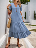 Perfee Decorative Button Notched Short Sleeve Midi Dress