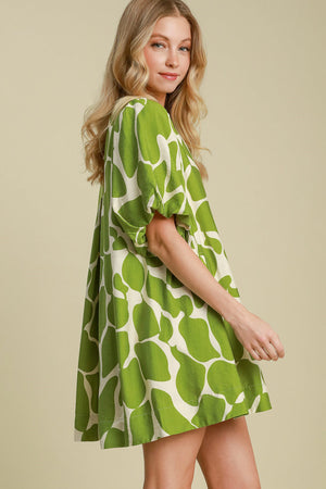 Umgee Two Tone Abstract Print Puff Sleeve Dress