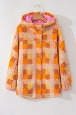 Checkered Long Sleeve Sherpa Hooded Jacket