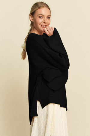 Davi & Dani High-Low Round Neck Drop Shoulder Sweater