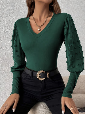 Swiss Dot V-Neck Long Sleeve Top