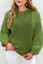 Eyelet Round Neck Drop Shoulder Sweater