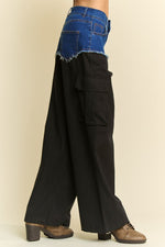 Davi & Dani Denim Patchwork Wide Leg Pants with Cargo Pockets