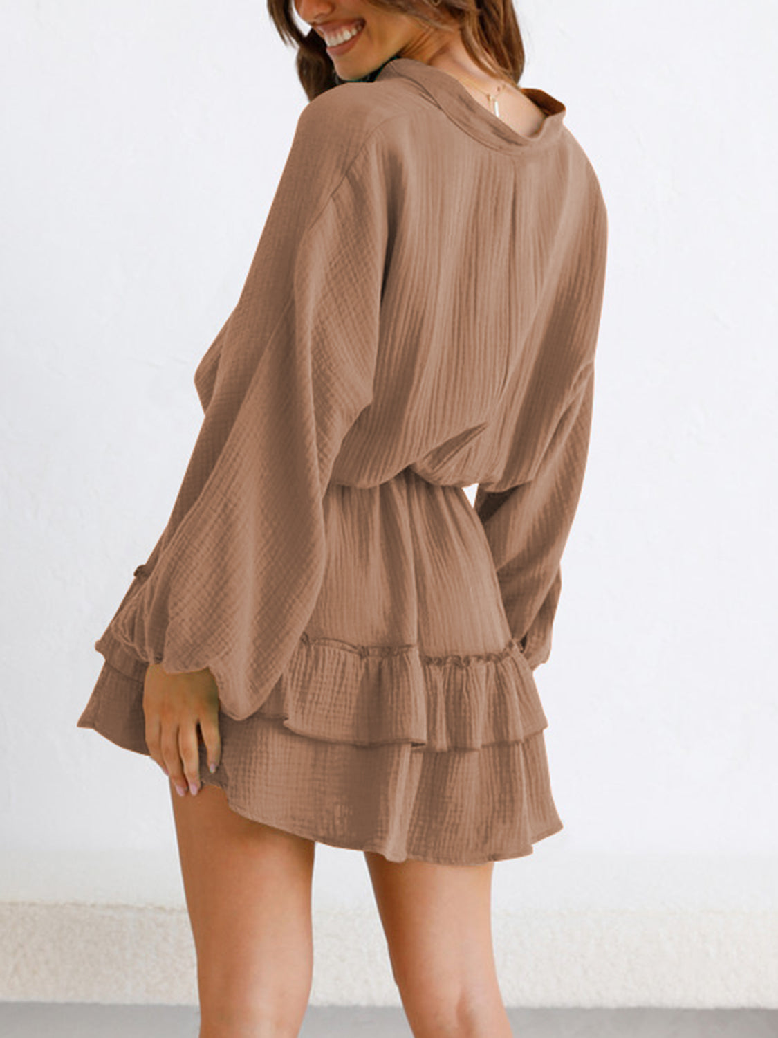 Ruffled Notched Balloon Sleeve Mini Dress